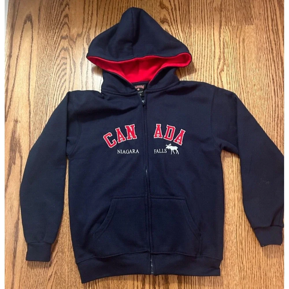 Canada Niagra Falls Zip Up Hoodie Size L Red Lined Hood Moose Graphic Youth